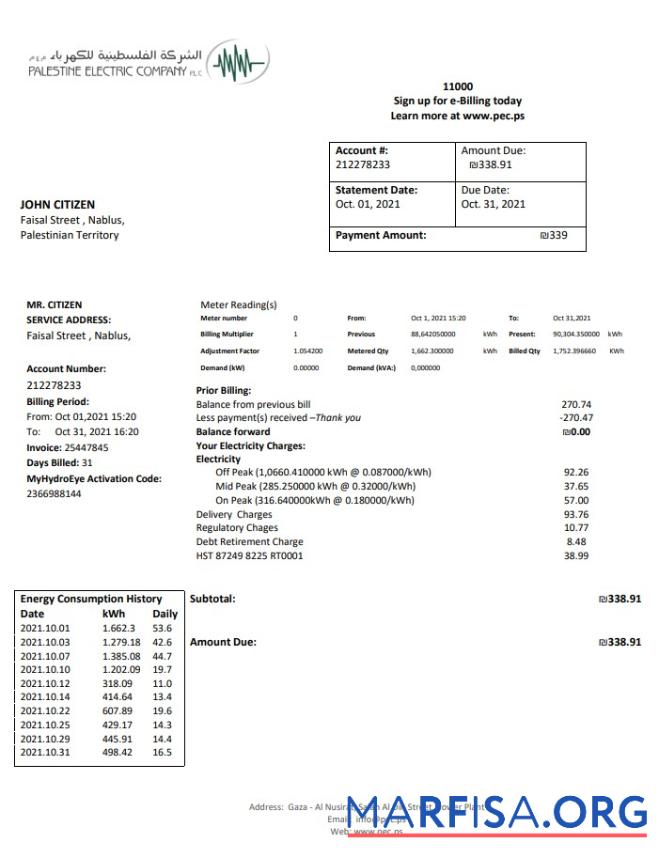 Printable Palestine Electric Company (PEC) utility bill template in Word and PDF format
